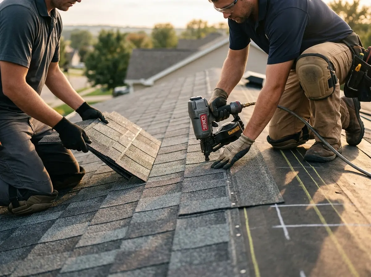 Professional roofer working on a residential roof in Firebaugh